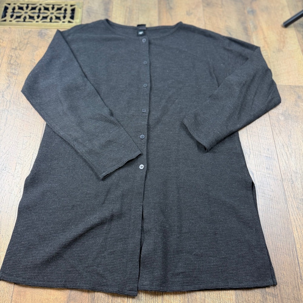 Eileen Fisher Charcoal Waffle Knit Button Cardigan Italian‎ Fabric Size Small